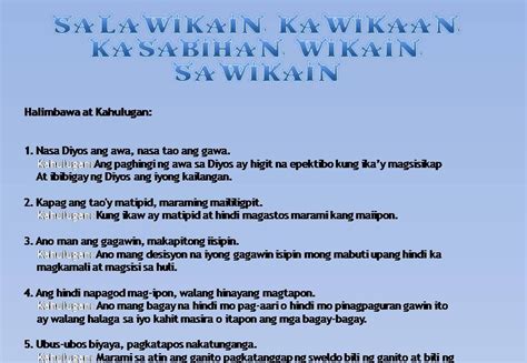 halimbawa ng salawikain at kahulugan nito|Kasabihan at Salawikain: Mga Halimbawa .